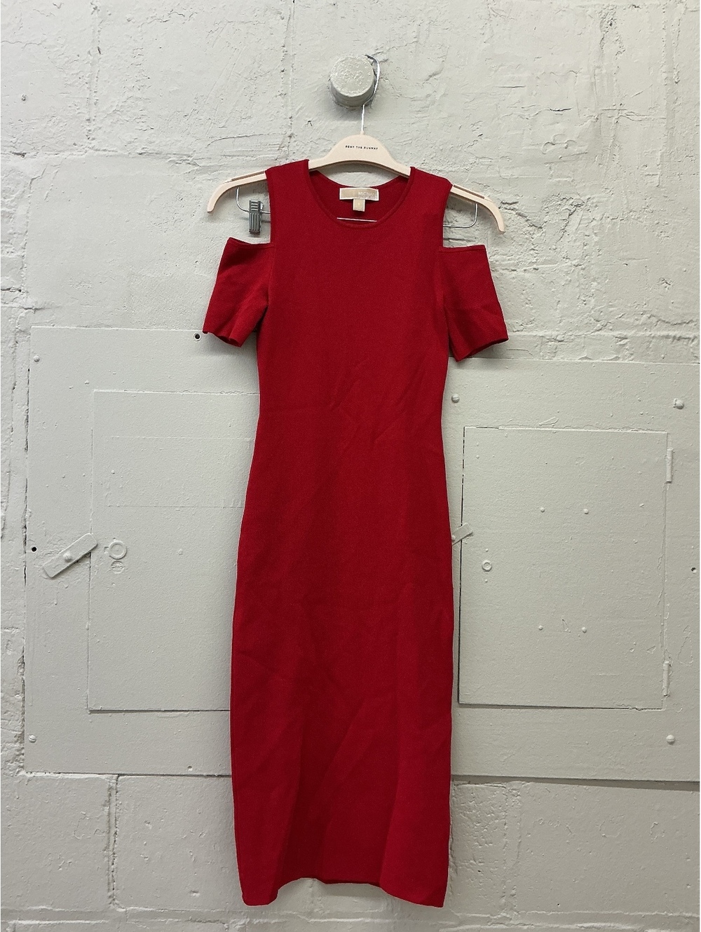 Michael Kors Red Cold-Shoulder short sleeved crew neck Midi Dress